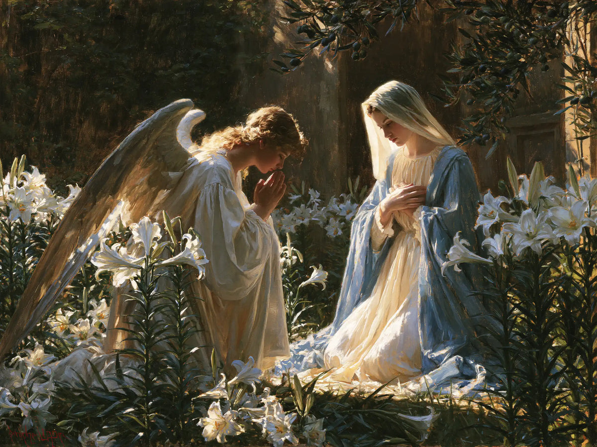 the Annunciation in a garden in The Annunciation in the Garden style, landscape Christian artwork no. 5
