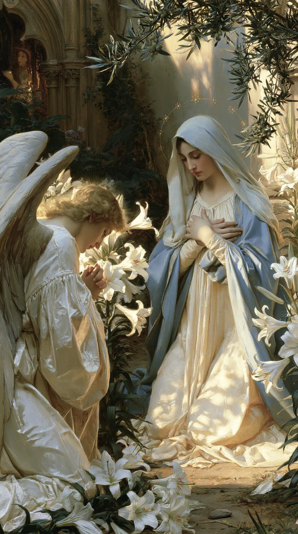 the Annunciation in a garden in The Annunciation in the Garden style, portrait Christian artwork no. 1