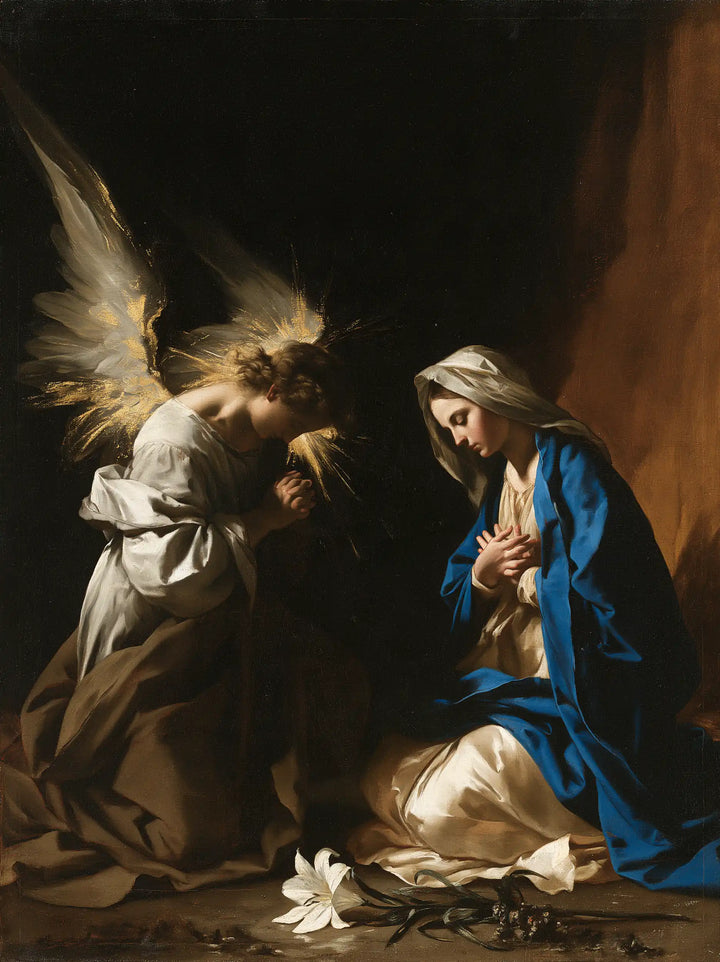 The Annunciation — Vivid Blue in the Shadowed Alcove