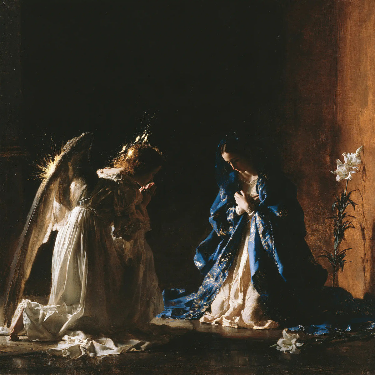 the Annunciation in black and gold in Black and Gold style, square Christian artwork no. 3
