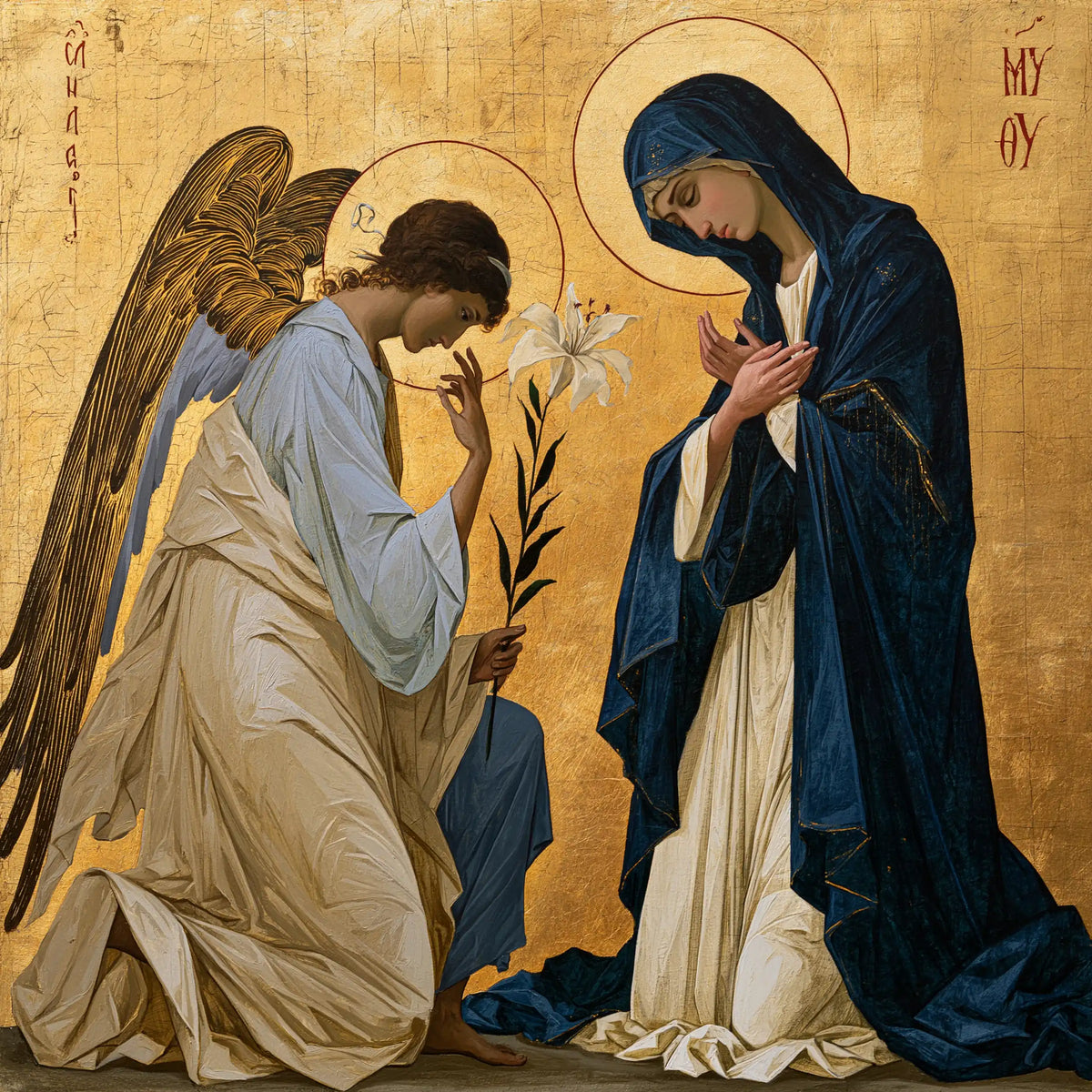 the Annunciation in a contemporary Byzantine icon in Contemporary Byzantine style, square Christian artwork no. 7