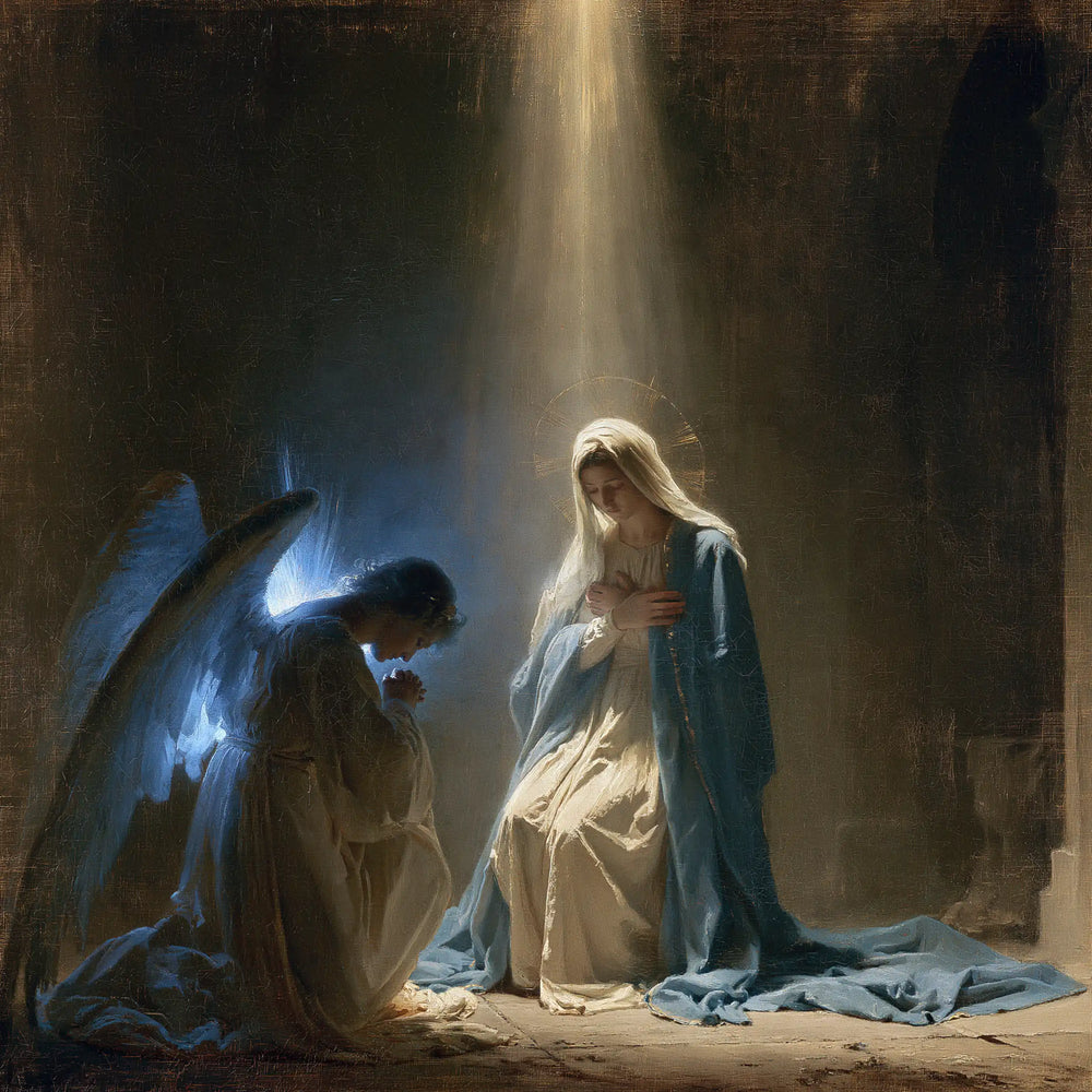 divine light descending upon Mary at the Annunciation in Divine Light Descending upon Mary style, square Christian artwork no. 4