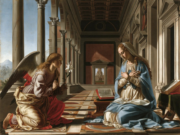 The Annunciation — The Red Book at the Centre of the Flagstones