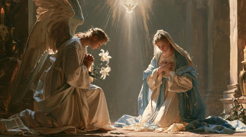 the Annunciation with the Holy Spirit in The Holy Spirit style, landscape Christian artwork no. 11