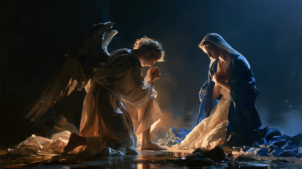 the Annunciation in midnight-blue chiaroscuro in Midnight Blue Chiaroscuro style, landscape Christian artwork no. 19