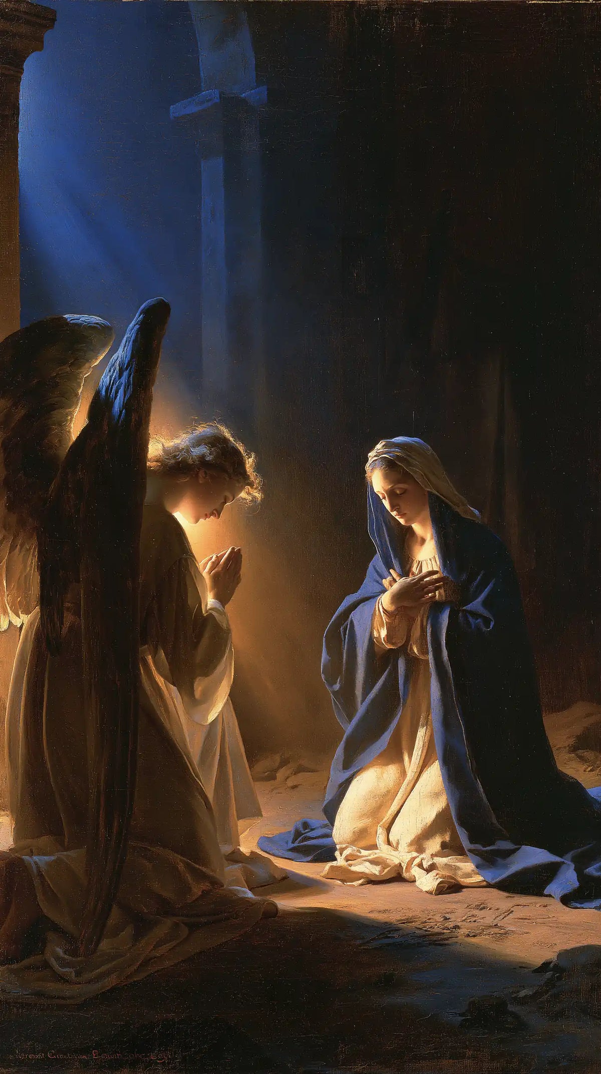 the Annunciation in midnight-blue chiaroscuro in Midnight Blue Chiaroscuro style, portrait Christian artwork no. 4