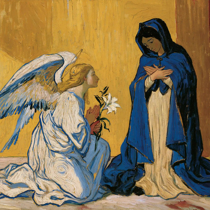 Annunciation in a Quiet Golden Room – Post-Impressionist Art · Square
