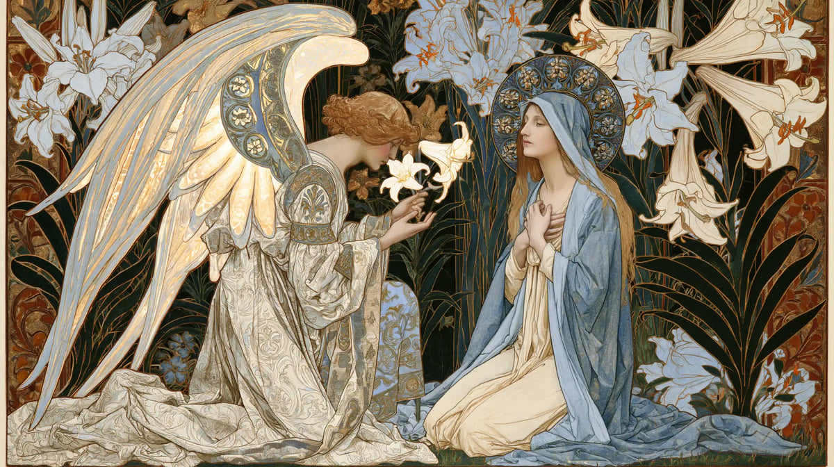 The Annunciation — Prayer in a Halo of Blue Flowers