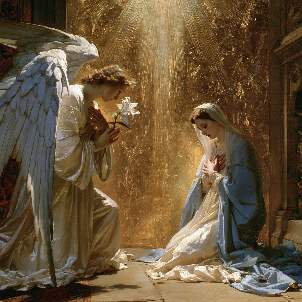 the Annunciation in sacred golden light in Sacred Gold style, square Christian artwork no. 6