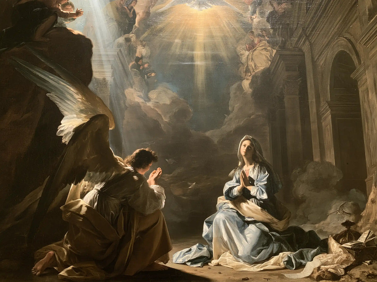 the Annunciation in a monumental sacred view in Sacred Monumental View style, landscape Christian artwork no. 2