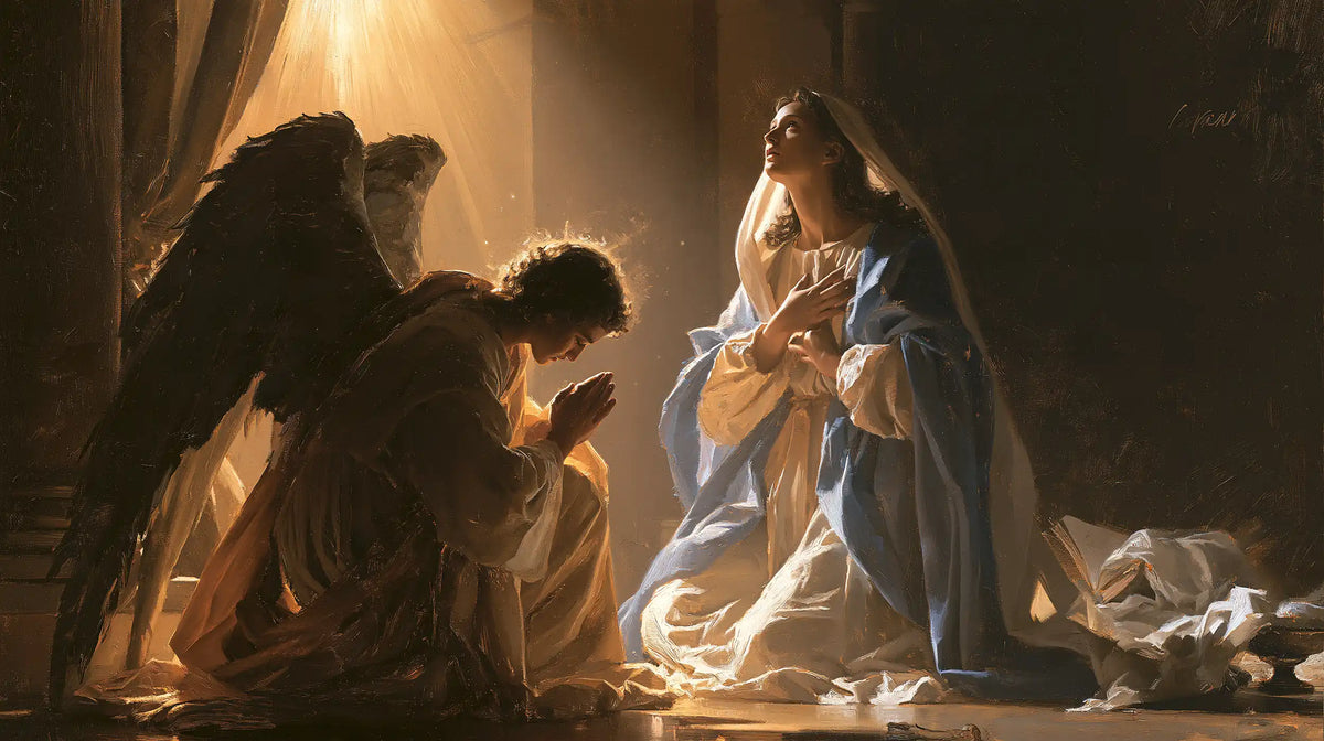 Mary receiving Gabriel's message in sacred surprise in Sacred Surprise style, landscape Christian artwork no. 4