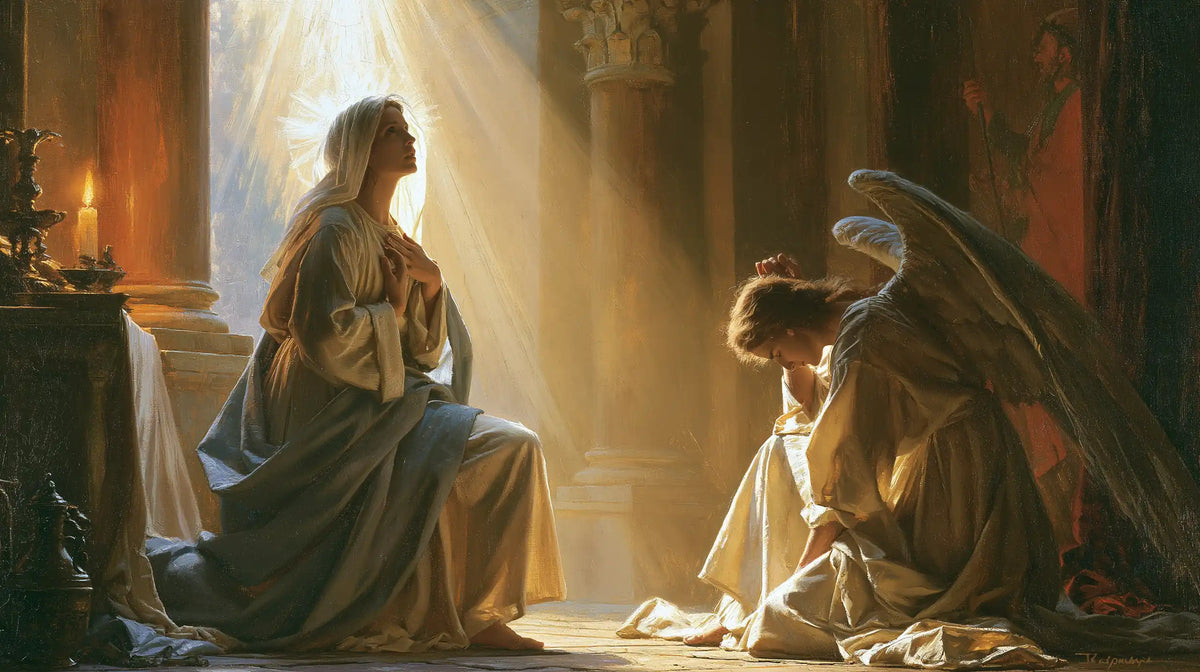 Mary receiving Gabriel's message in sacred surprise in Sacred Surprise style, landscape Christian artwork no. 10