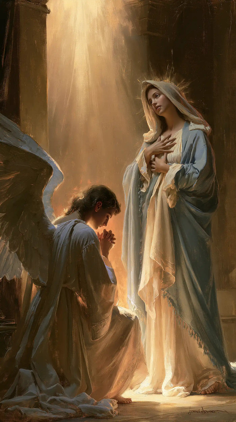 Mary receiving Gabriel's message in sacred surprise in Sacred Surprise style, portrait Christian artwork no. 2