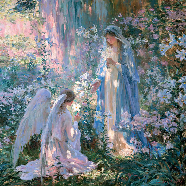 Annunciation in a Shaded Garden – Impressionist Art · Square