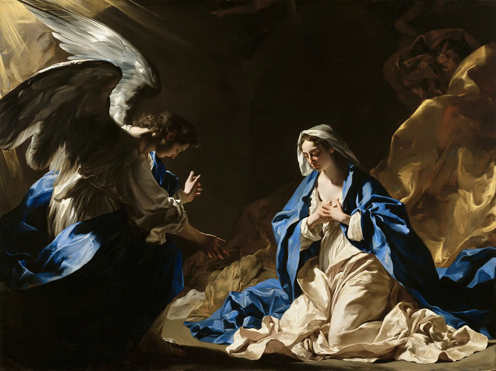 the Annunciation in a theatrical Baroque scene in Theatrical Baroque style, landscape Christian artwork no. 3