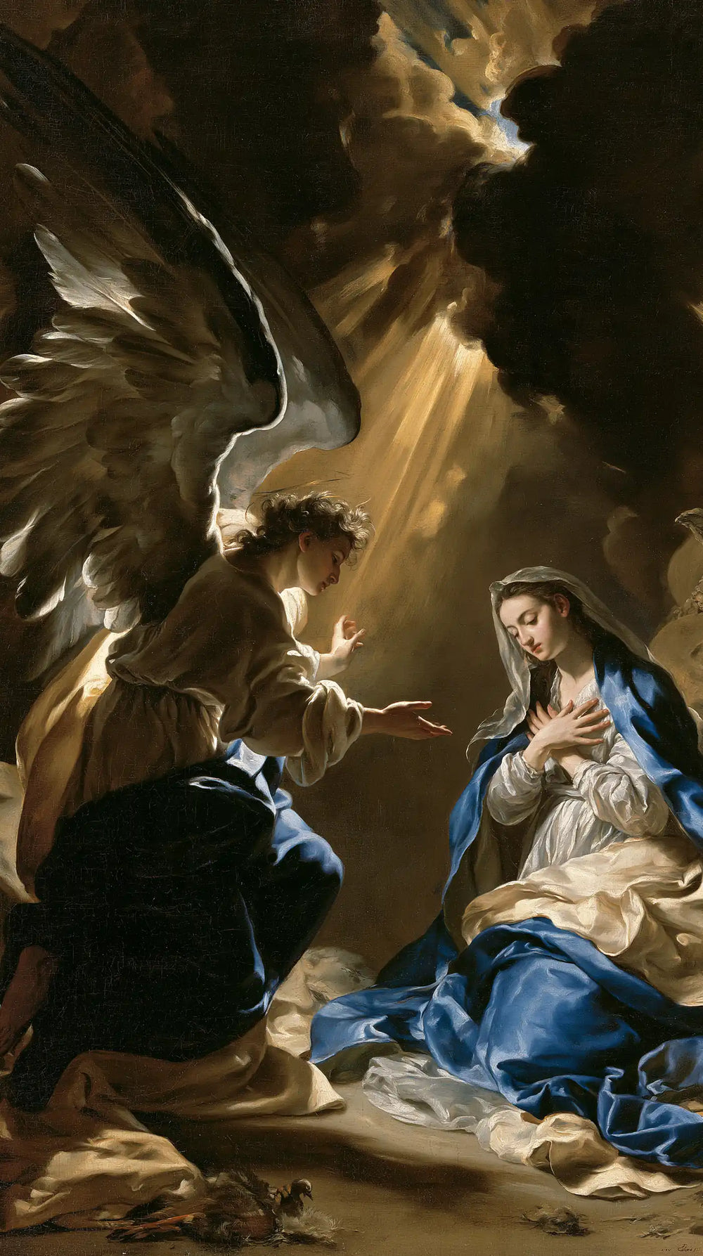 the Annunciation in a theatrical Baroque scene in Theatrical Baroque style, portrait Christian artwork no. 8