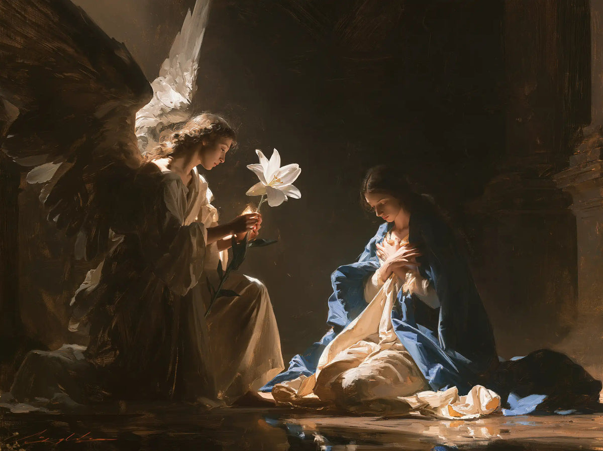 the Annunciation with the white lily as a central symbol in The White Lily as Symbol style, landscape Christian artwork no. 9