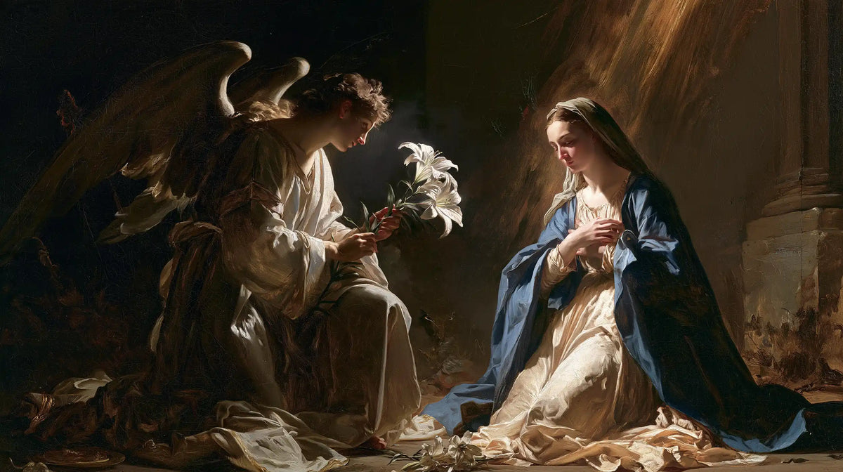 the Annunciation with the white lily as a central symbol in The White Lily as Symbol style, landscape Christian artwork no. 22