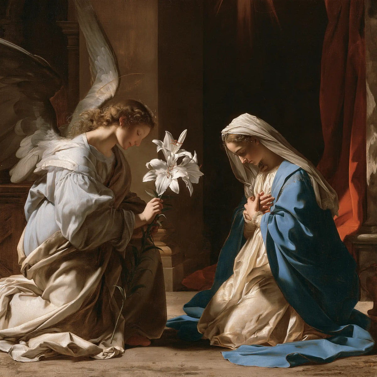 the Annunciation with the white lily as a central symbol in The White Lily as Symbol style, square Christian artwork no. 3
