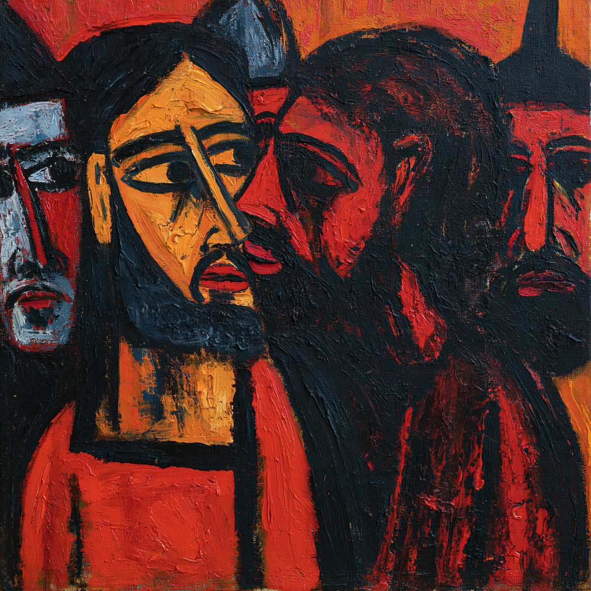The Betrayal of Judas — Ochre Amid Dense Red