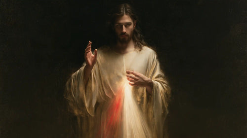 Divine Mercy Jesus in a minimalist composition in Contemporary Minimalism style, landscape Christian artwork no. 2