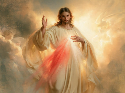 the glory of Divine Mercy Jesus in Glory of the Merciful Christ style, landscape Christian artwork no. 1