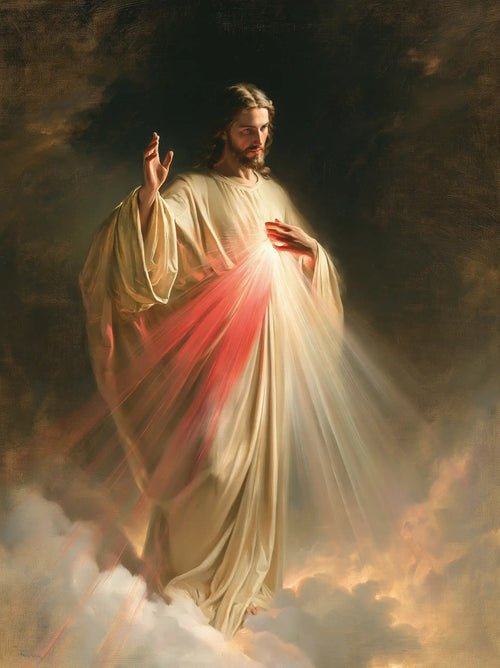 Divine Mercy Jesus appearing upon the clouds in Jesus upon the Clouds style, portrait Christian artwork no. 8