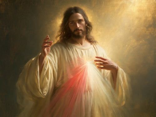 Divine Mercy Jesus welcoming the faithful in Jesus Welcoming the Faithful style, landscape Christian artwork no. 3