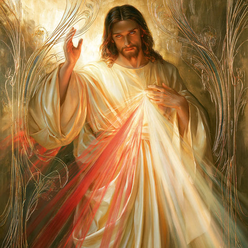 Divine Mercy Jesus framed by sacred Art Nouveau ornament in Sacred Art Nouveau style, square Christian artwork no. 2