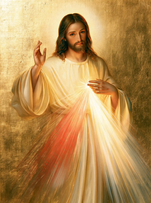 Divine Mercy Jesus in radiant golden light in Sacred Gold style, portrait Christian artwork no. 22