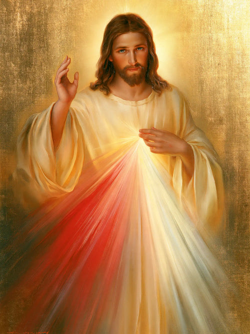 Divine Mercy Jesus in radiant golden light in Sacred Gold style, portrait Christian artwork no. 25