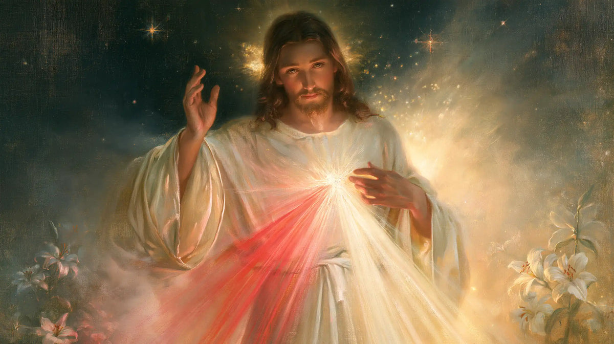 Divine Mercy Jesus — Lilies Beneath the Starry Night