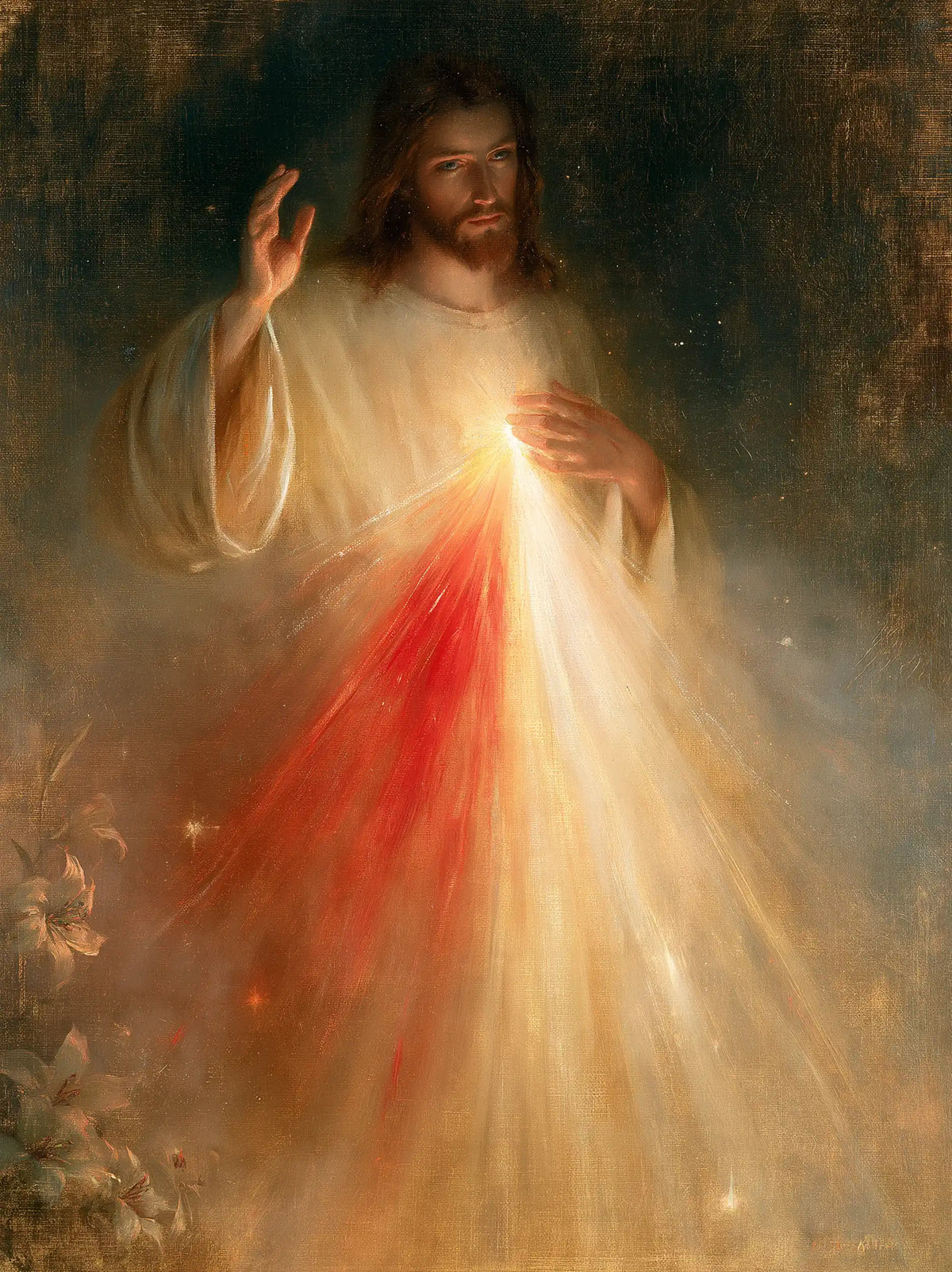 Divine Mercy Jesus — Radiance in the Evening Garden