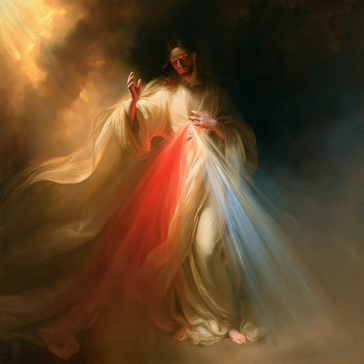 Divine Mercy Jesus — The Two Rivers Beneath the Shadowed Sky