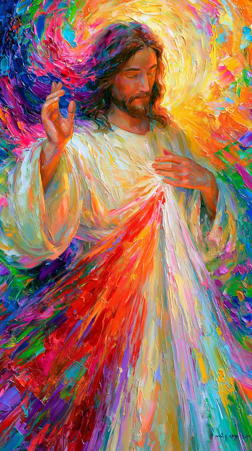 Jesus as Divine Mercy with red and pale rays, ultra-vibrant expressionism portrait Christian artwork