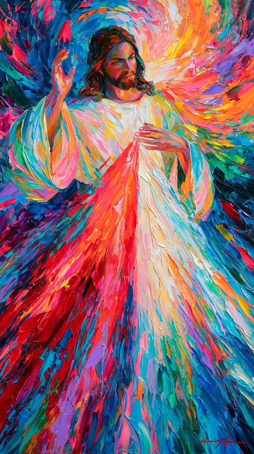 Jesus as Divine Mercy with red and pale rays, ultra-vibrant expressionism portrait Christian artwork