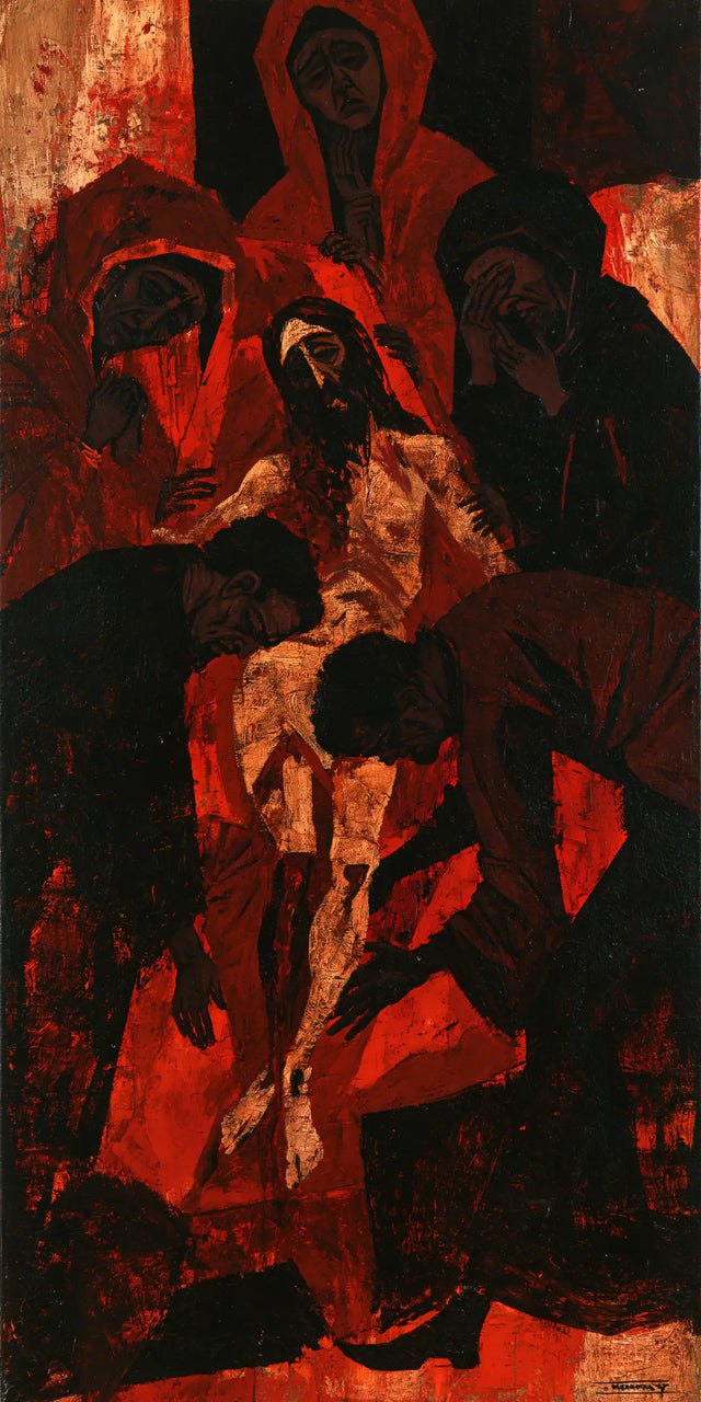 The Entombment of Jesus Christ — The Descent in Red and Charcoal