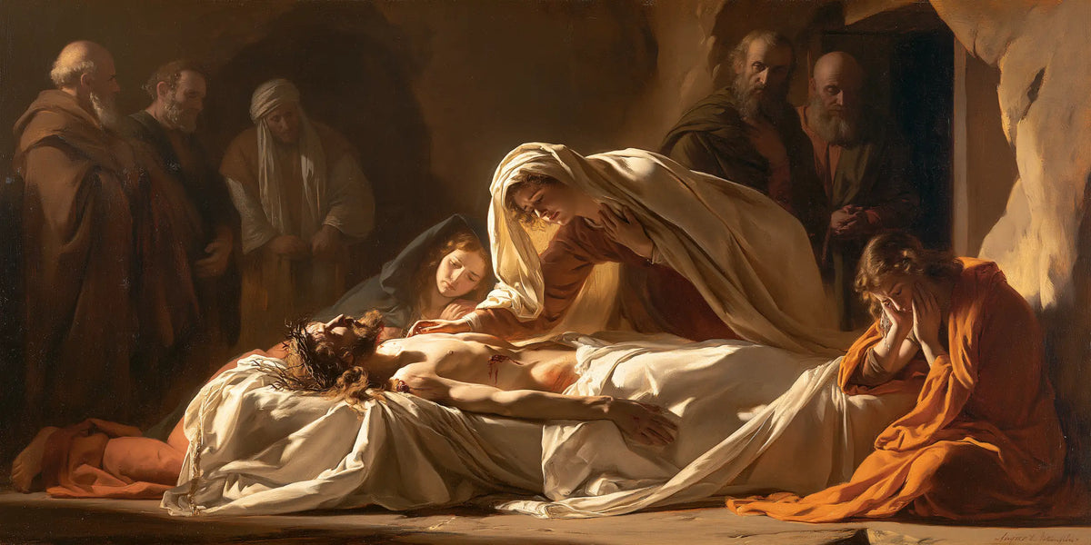 Entombment of Jesus Christ in Intimate Mourning style, landscape Christian artwork no. 4