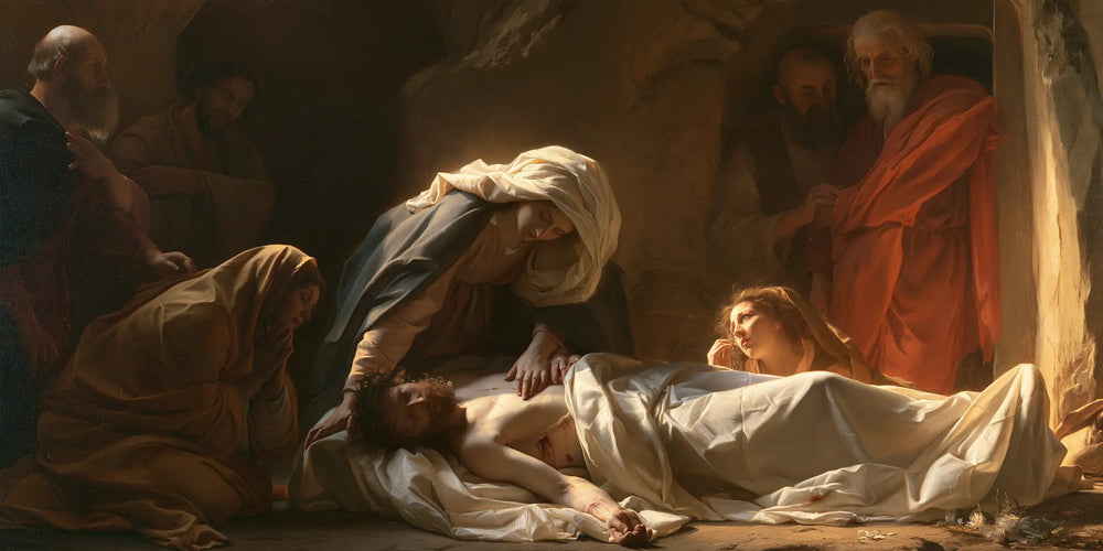 Entombment of Jesus Christ in Intimate Mourning style, landscape Christian artwork no. 5