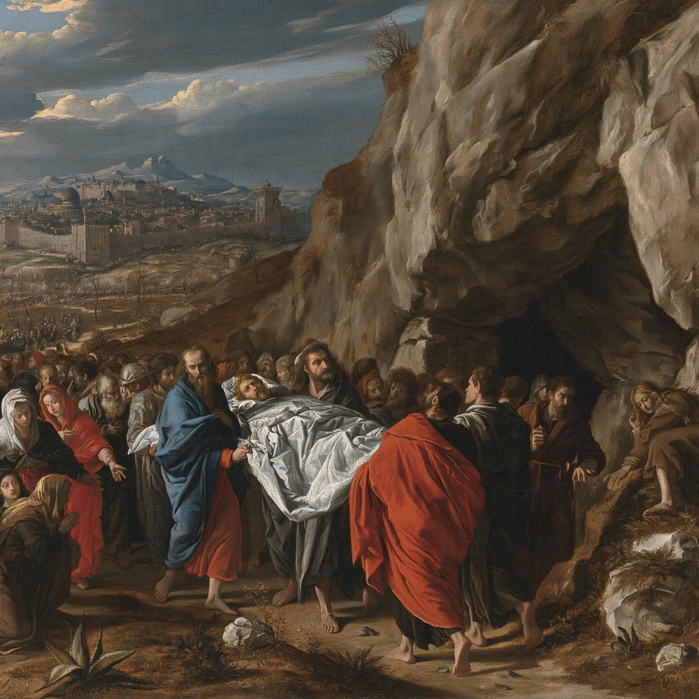 Entombment of Jesus Christ in Sacred Monumental View style, square Christian artwork no. 2
