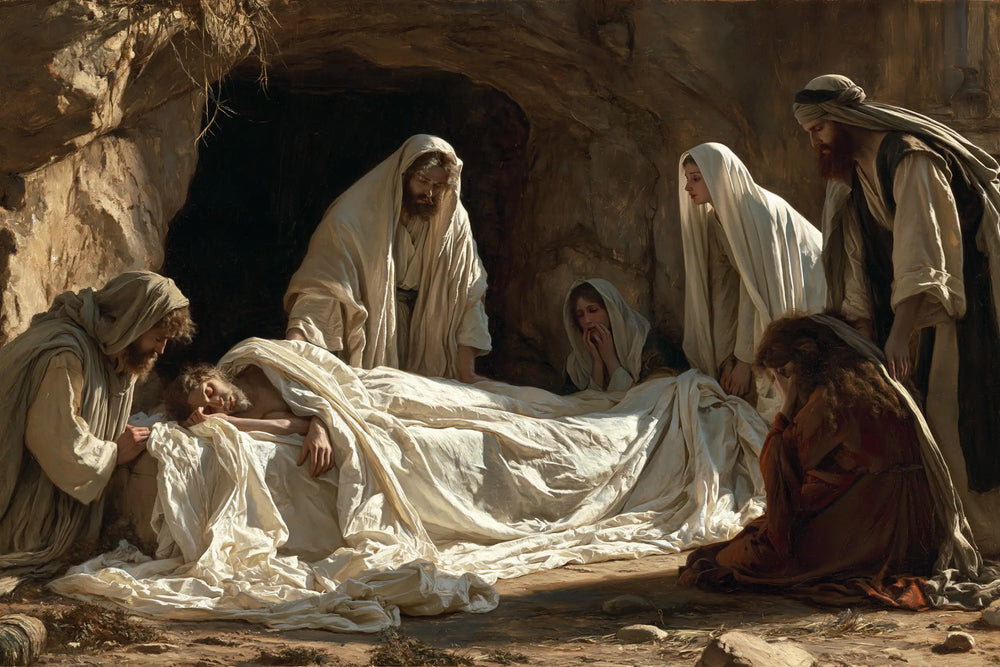 Entombment of Jesus Christ in Sacred Silence style, landscape Christian artwork no. 10