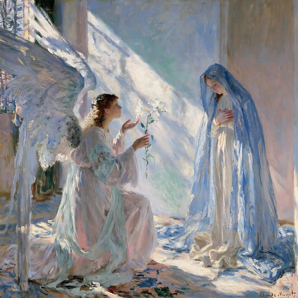 Gabriel Offering the Lily at Dawn – Impressionist Art · Square