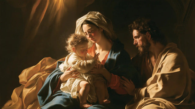 The Holy Family — Rest Beneath Amber Fabrics
