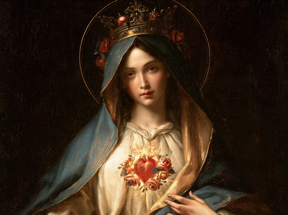 the Immaculate Heart of Mary in black and gold in Black and Gold style, landscape Christian artwork no. 2