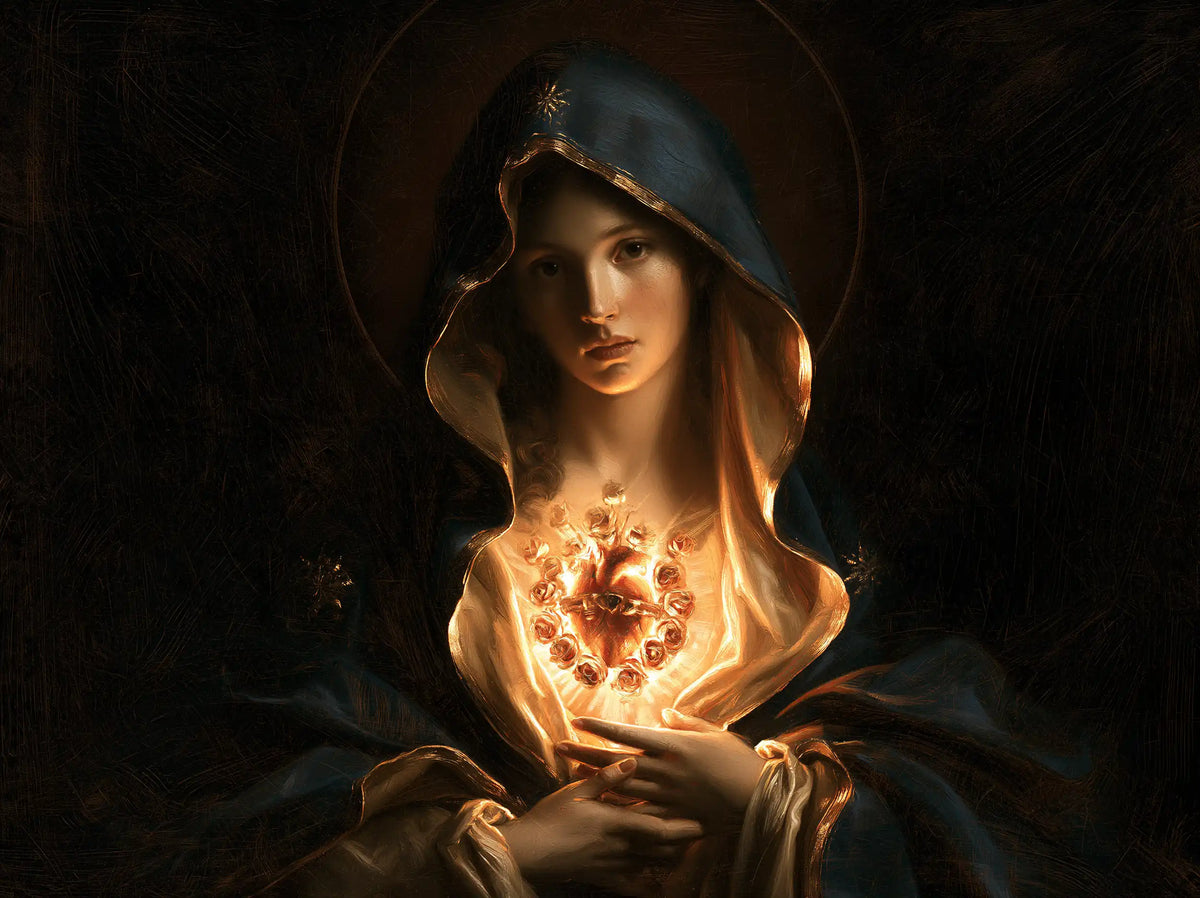 the Immaculate Heart of Mary in black and gold in Black and Gold style, landscape Christian artwork no. 4