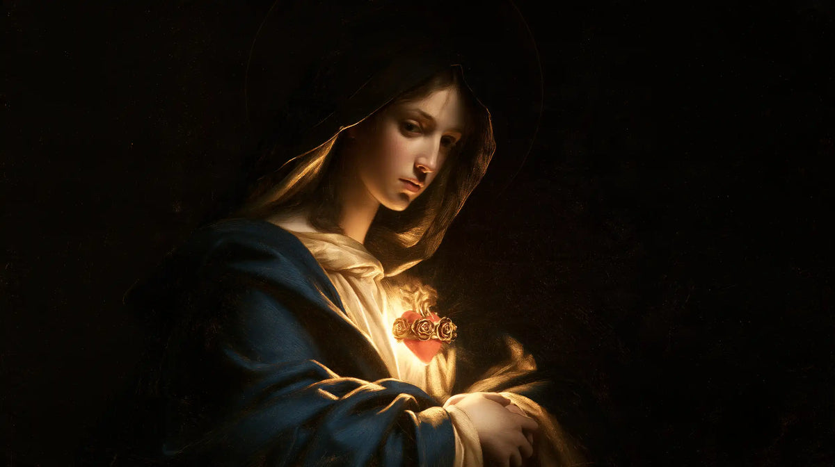 the Immaculate Heart of Mary in black and gold in Black and Gold style, landscape Christian artwork no. 11