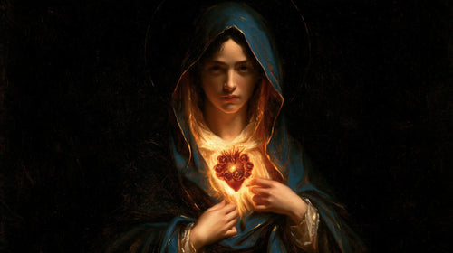 the Immaculate Heart of Mary in black and gold in Black and Gold style, landscape Christian artwork no. 12