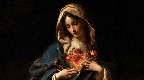 the Immaculate Heart of Mary in black and gold in Black and Gold style, landscape Christian artwork no. 17