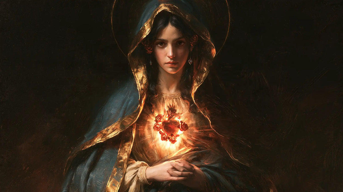 the Immaculate Heart of Mary in black and gold in Black and Gold style, landscape Christian artwork no. 19