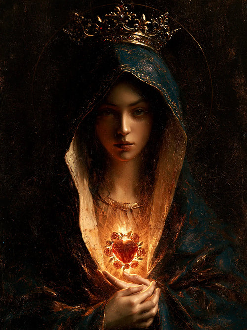 the Immaculate Heart of Mary in black and gold in Black and Gold style, portrait Christian artwork no. 16